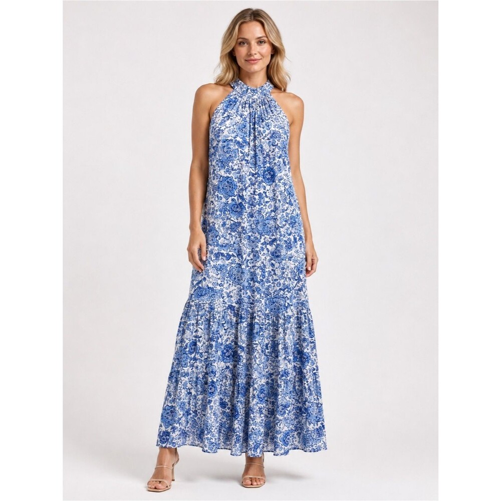 MSK Halter Maxi Dress Tiered Floral Print Sleeveless Blue White Large NEW